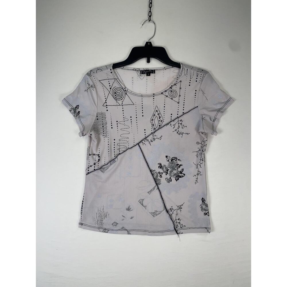 Jessica Max Shirt Womens Small Gray Abstract Geometric Sheer Print Stretch Top
